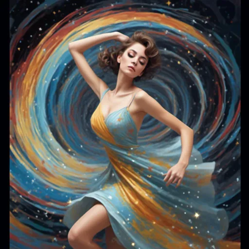 Prompt: <mymodel> a woman in a dress is dancing in front of a colorful swirl andsparkles  background with a light blue dress, Daphne McClure, arabesque, highly detailed digital painting, a digital rendering