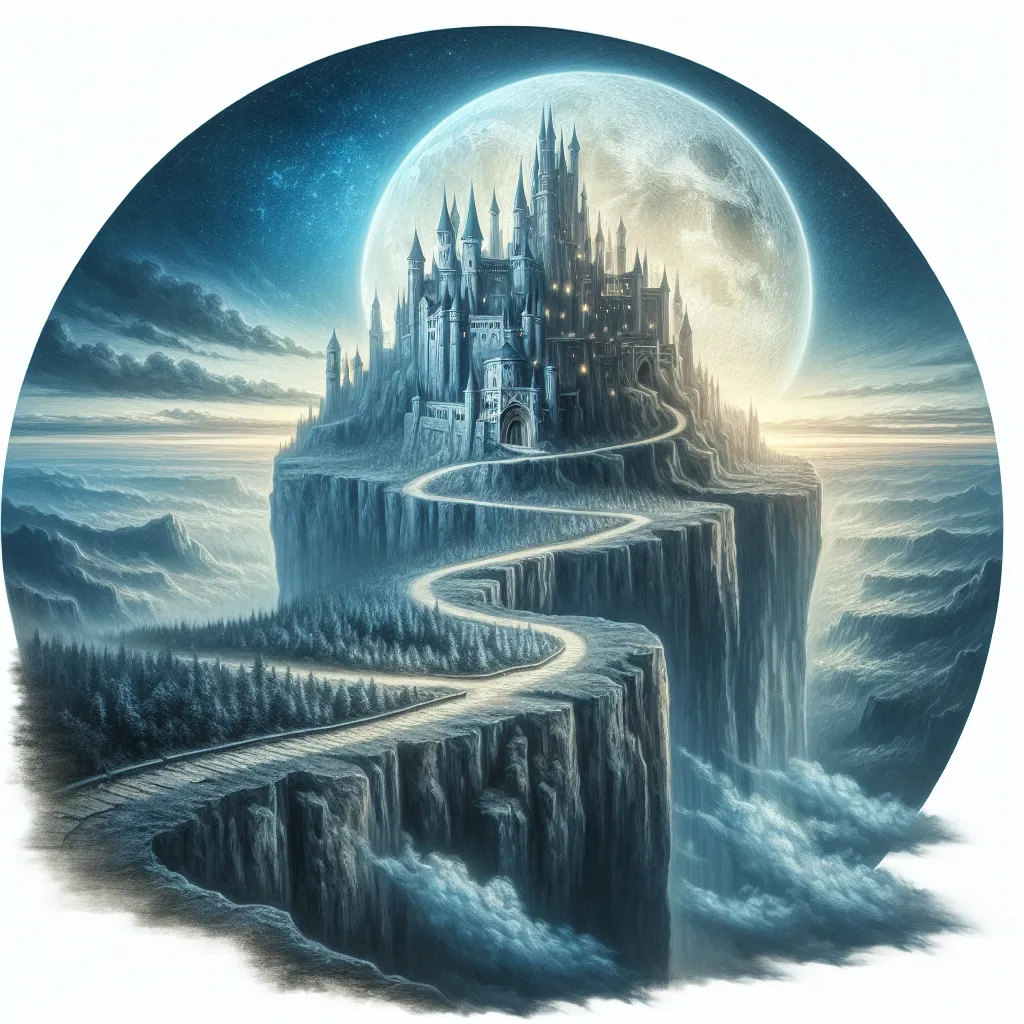 Prompt: a painting of a castle on a cliff with a path leading to it and a full moon in the sky, Chris LaBrooy, fantasy art, fantasy artwork, a storybook illustration