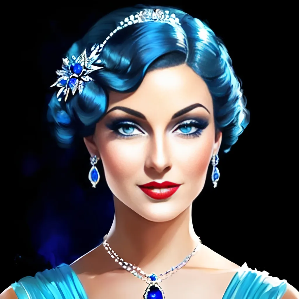 Prompt: Glamorously dressed lady of rhe 1930's wearing sapphire jewelry,blue eyes