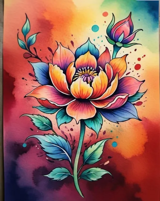 Prompt: Colorful flower tattoo, watercolor style, vibrant petals, intricate details, high quality, vibrant colors, floral design, professional tattoo art, artistic, beautiful, realistic, watercolor, detailed, highres, vibrant, intricate details, floral, professional, colorful, vibrant colors, watercolor style, artistic