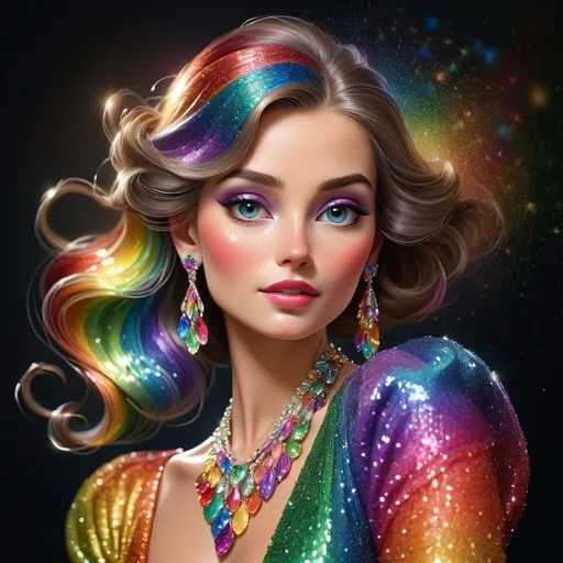 Prompt: Elegant lady in  sparkles and the colors of the rainbow