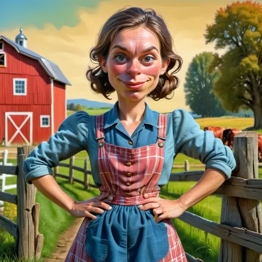 Prompt: a pretty farm girl in a classic farm scene with a red barn, rustic countryside setting, vibrant green pastures, traditional wooden fences, clear blue sky, high quality, oil painting, classic style, warm tones, natural lighting