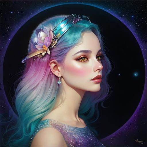 Prompt: cosmic Beauty. Art by artgerm, edre penovac, Daniel Merriam, catrin Welz-Stein, Nicoletta ceccoli, James Jean. Gradient chrome colours. 3d.