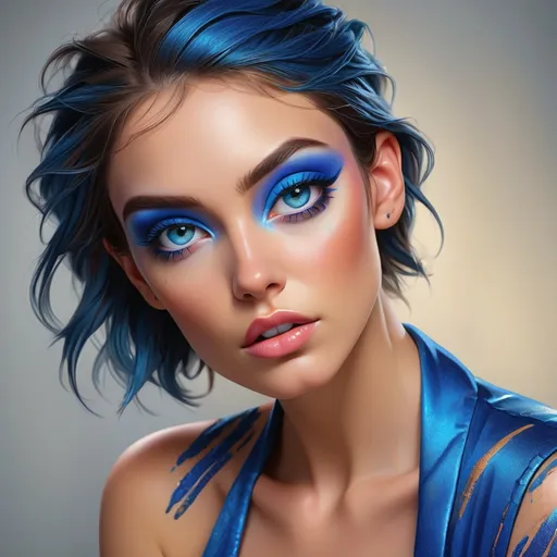 Prompt: Woman with vibrant blue eyeshadow, high-quality portrait, detailed makeup, realistic painting, vibrant colors, glamorous, professional lighting, intense gaze, highres, realistic, detailed, portrait, vibrant blue eyeshadow, glamorous makeup, professional, intense gaze, realistic painting, vibrant colors, realistic lighting