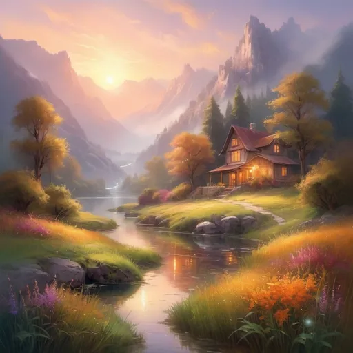 Prompt: (ethereal glow), luminous light radiating, soft illumination, vivid colors, warm ambient tones, magical atmosphere, serene background, enchanting landscapes, high detail, ultra-detailed, vibrant, dreamlike scenery, shimmering reflections, calming hues, captivating visual experience