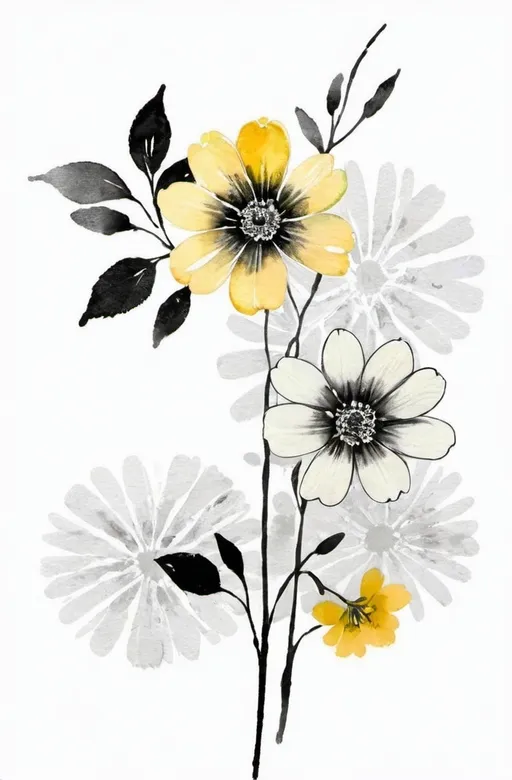 Prompt: This is a digital drawing of a floral arrangement featuring three large, vibrant yellow flowers at the center. Each flower has five petals with white outlines and black line details, creating a sense of depth and texture. The petals are filled with a solid yellow color, and the flower centers are small and yellow with a subtle gradient. Surrounding the flowers are intricate, swirling black lines that resemble delicate vines or tendrils, adding a sense of movement and elegance. Interspersed among the vines are smaller yellow leaves and petals, which add to the overall floral theme. The background is plain white, which makes the yellow and black elements stand out prominently. The overall style of the drawing is modern and clean, with a focus on bold colors and simple, yet effective, line work. The image has a balanced composition with the three flowers positioned slightly overlapping each other in the center. The use of yellow, black, and white creates a striking contrast, making the floral design visually appealing and dynamic.