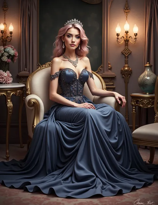 Prompt: Seated gracefully on an ornate chair, a young woman exudes elegance in a stunning, form-fitting blue gown adorned with intricate detailing. Her slightly wavy pastel pink hair frames her face, accentuated by a delicate tiara and lavish jewelry that sparkles subtly in the warm light. The opulent room, steeped in a vintage atmosphere, features ornate decor, including gilded accents and softly glowing wall sconces, while a pastel-hued vase with roses adds a touch of softness to the composition. The rich drapery of her dress flows dramatically to the floor, creating a striking visual contrast with the lavish yet serene surroundings. The overall ambiance conveys a sense of regality and timeless beauty, inviting the viewer to wonder about the narrative of this enchanting moment.
