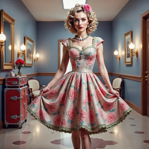 Prompt: a  stylish woman  of the 50's in a dress with roses on it is standing in a hallway with luggage and a suitcase behind her, Edwin Georgi, kitsch movement, fashion photography, a photorealistic painting