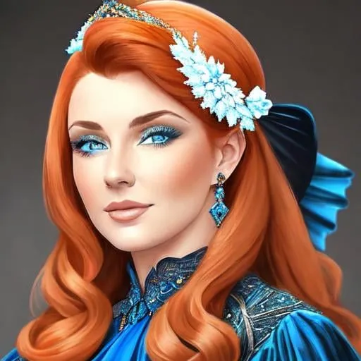 Prompt: Beautiful woman with blue eyes & Auburn hair, blue jewelry, intricate oval face, elegant & elaborate blue formal dress with velvet and lace detailing, blue milliner's hat, fair skin, upturned nose, full bosomy figure, blue high heels, sitting for a portrait, 8k, realistic, elegant, detailed, formal attire, intricate jewelry, portrait sitting, blue color scheme, fair complexion, exquisite hair, high-quality lighting