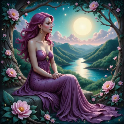 Prompt: Seated gracefully, a woman adorned in vibrant shades of purple and green gazes across a serene landscape, her flowing hair and elegant dress echoing the artistic curves and floral motifs surrounding her. The scene is bathed in rich jewel tones, with a dreamy blue-green background depicting rolling hills under a luminous moon that casts gentle light across the water's surface. Swirling elements and bold outlines enhance the stylized appearance, conveying a sense of tranquility and harmony with nature. The overall aesthetic is reminiscent of stained glass art, infused with a serene and contemplative mood that invites viewers to linger in this enchanting world.