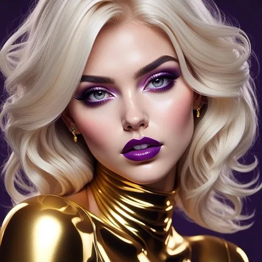 Prompt: <mymodel>Hypnotic bimbo  platinum  blonde   gold lips and purple eyeshadow 