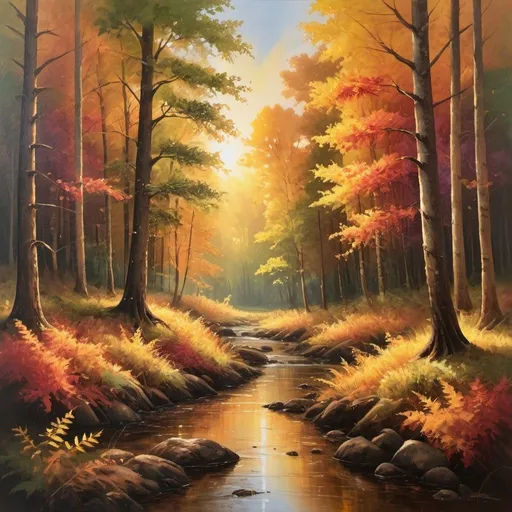 Prompt: Vibrant autumn forest scene, oil painting, colorful foliage, golden sunlight filtering through the trees, ultra-detailed, high quality, realistic, warm tones, peaceful ambiance, serene natural setting, detailed leaves and textures, scenic landscape, atmospheric lighting