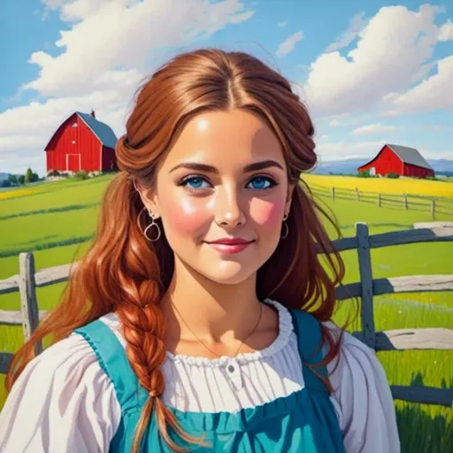 Prompt: <mymodel>a pretty farm girl in a classic farm scene with a red barn, rustic countryside setting, vibrant green pastures, traditional wooden fences, clear blue sky, high quality, oil painting, classic style, warm tones, natural lighting
