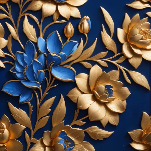 Prompt: Blue flowers with gold, oil painting, intricate details, high quality, realistic, vibrant colors, rich textures, elegant composition, luxurious, gold accents, beautiful contrast, warm lighting