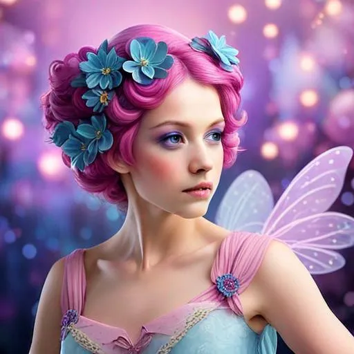 Prompt: purple, pink and blue flower fairy