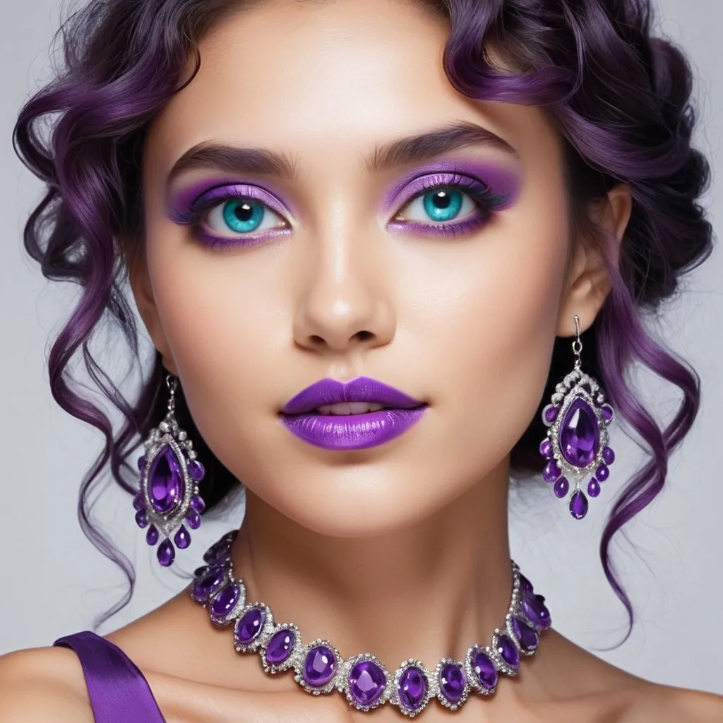 Prompt: <mymodel>An extremely gorgeous woman,  with turquoise jewels, in color scheme of purple, long curly hair