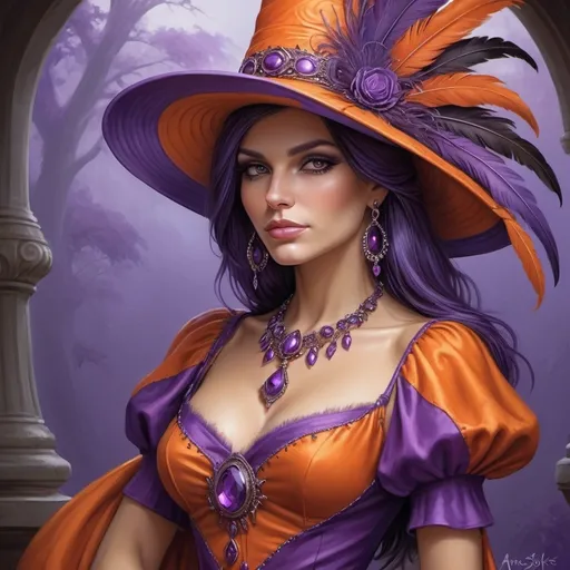 Prompt: a woman in a purple and orange dress and hat with a purple feathered hat on her head and a purple necklace, Anne Stokes, fantasy art, highly detailed digital painting, a detailed painting