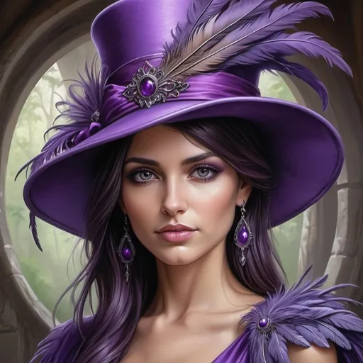 Prompt: <mymodel> a woman wearing a purple hat and purple dress with feathers on it and a purple dress with a purple sash, Anne Stokes, fantasy art, highly detailed digital painting, a detailed painting