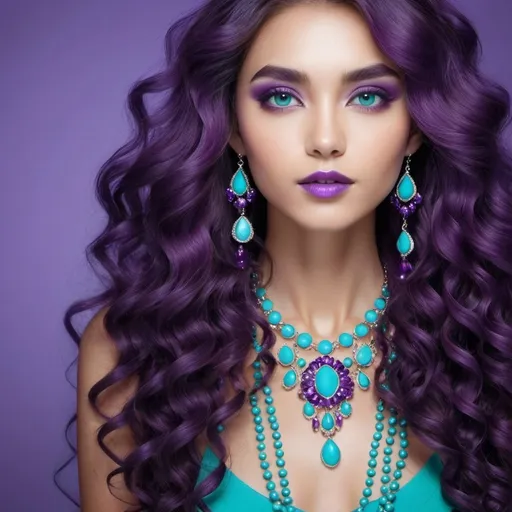 Prompt: <mymodel>An extremely gorgeous woman,  with turquoise jewels, in color scheme of purple, long curly hair