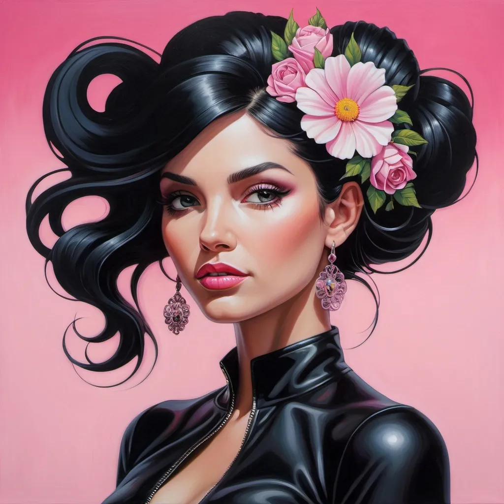 Prompt: a painting of a woman with flowers in her hair and a black top on her body and a pink background, Anne Stokes, pop surrealism, tristan eaton, a pop art painting