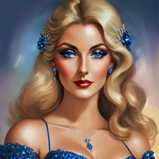 Prompt: Glamorously dressed lady of rhe 1930's wearing sapphire jewelry,blue eyes