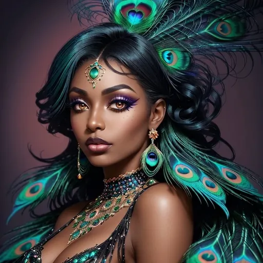 Prompt: Gorgeous black woman with beautiful makeup and hair, peacock feathers in her hair, high-quality, detailed, realistic, elegant, vibrant colors, professional makeup, glamorous lighting, 4k resolution, portrait, detailed facial features, luxurious, exotic, peacock feathers, elegant hairstyle, stunning makeup, beauty shot