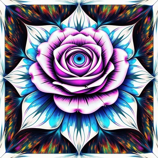 Prompt: metallic rainbow pastel fractals in 2 dimensions drawn to show a series of planes intersecting into a 3d outline of a rose with an indigo violet 3rd eye coming out of the top of it, mathematical, balanced colors, psychedelic, scientific, harmony, logical grid, colored pencil drawing, abstract geometry