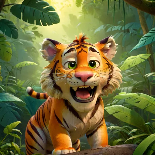 Prompt: Cartoon drawing of a tiger, vibrant colors, playful and friendly expression, jungle setting, detailed fur with lively texture, high quality, cartoon style, vibrant tones, jungle lighting