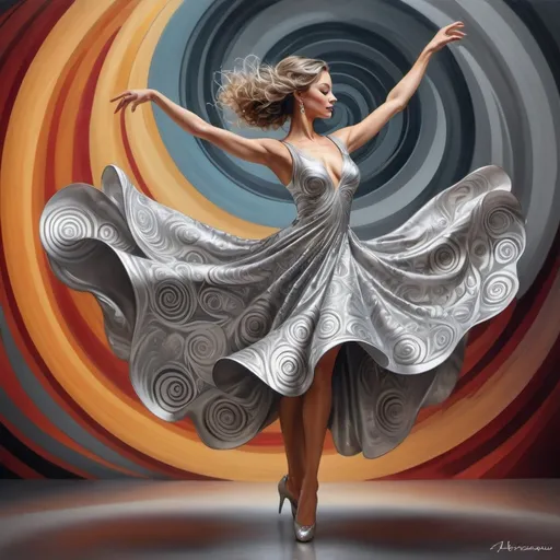 Prompt: a woman in a silver dress is dancing with a swirly background and a circular design behind her,, Fabien Charuau, arabesque, highly detailed digital painting, an airbrush painting