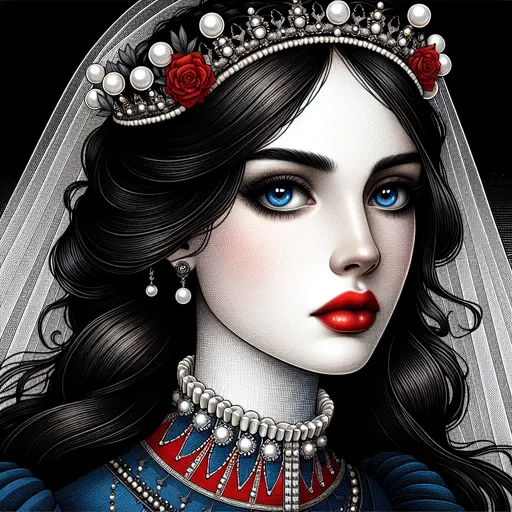 Prompt: a woman with  black hair, blue eyes, a tiara and pearls on her head and a red lip and a blue dress with a red and white collar, Anne Stokes, gothic art, highly detailed digital painting, a detailed painting