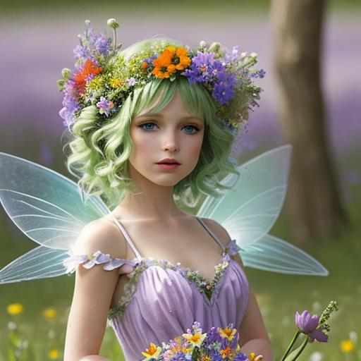 Prompt: a fairy of spring, ,wildflowers, vivid colors, closeup