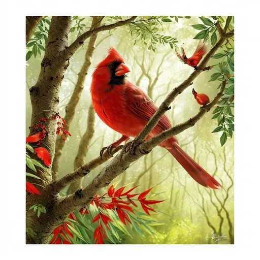 Prompt: High-quality, detailed cardinal illustration, realistic feathers, vibrant colors, natural woodland setting, bright sunlight filtering through trees, lifelike pose, intricate feathers, realistic wildlife art, artistic rendering, vibrant colors, natural lighting