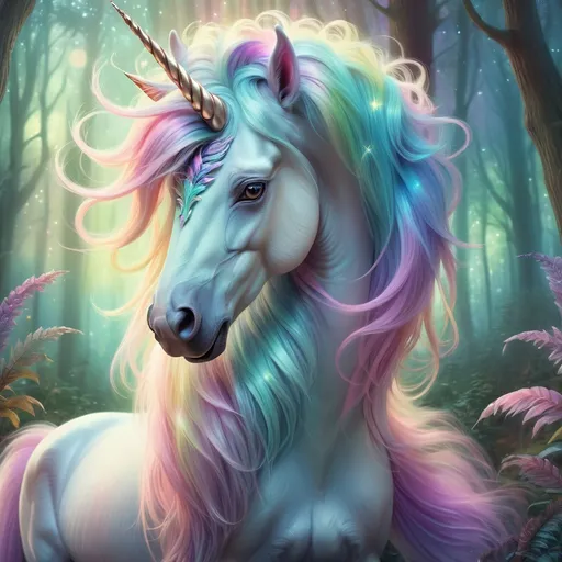 Prompt: Majestic unicorn with iridescent fur, enchanting forest setting, whimsical fantasy art style, vibrant pastel tones, ethereal lighting, detailed mane and horn, surreal, high quality, fantasy, enchanting, iridescent fur, detailed mane, whimsical, pastel tones, vibrant, ethereal lighting, forest setting