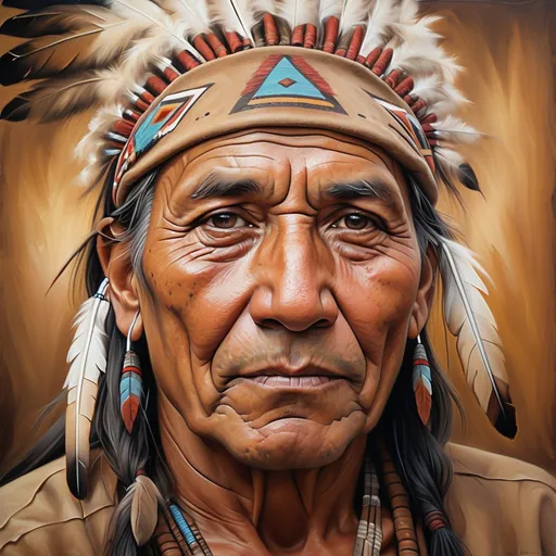 Prompt: Realistic oil painting of an native American man, weathered and wise, intricate patterns and textures, expressive eyes with a hint of sadness, wrinkled and kind smile, warm and earthy color palette, soft natural lighting, high quality, realistic, traditional, emotional portrait, detailed facial features, textured clothing, warm tones, atmospheric lighting background to be nature and low cuality picture
