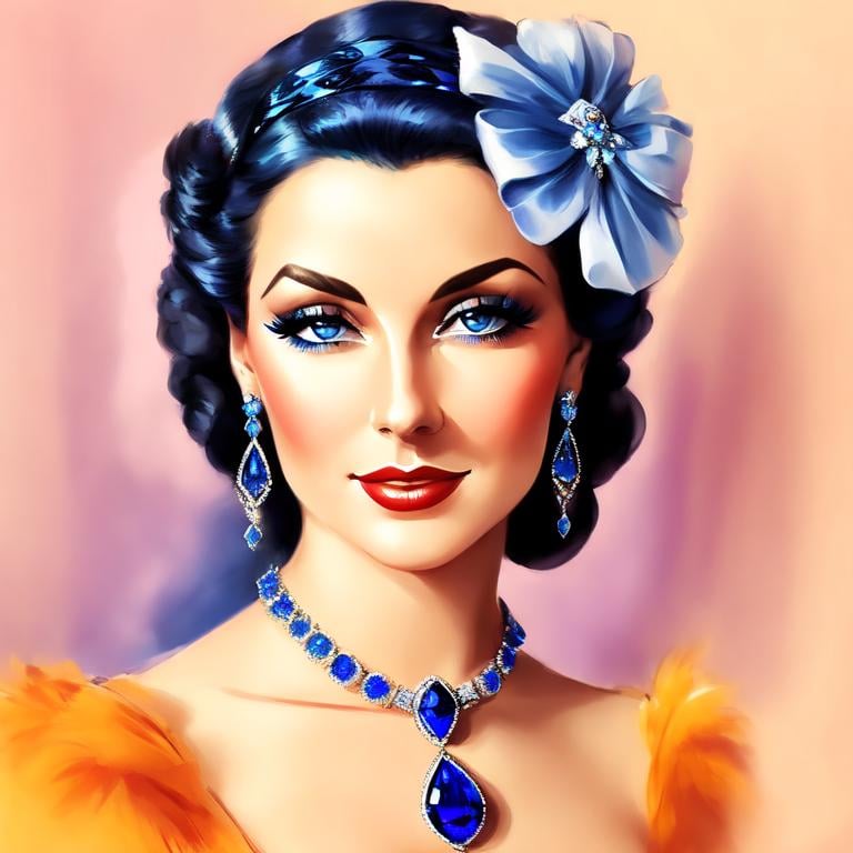 Prompt: Glamorously dressed lady of rhe 1930's wearing sapphire jewelry,blue eyes