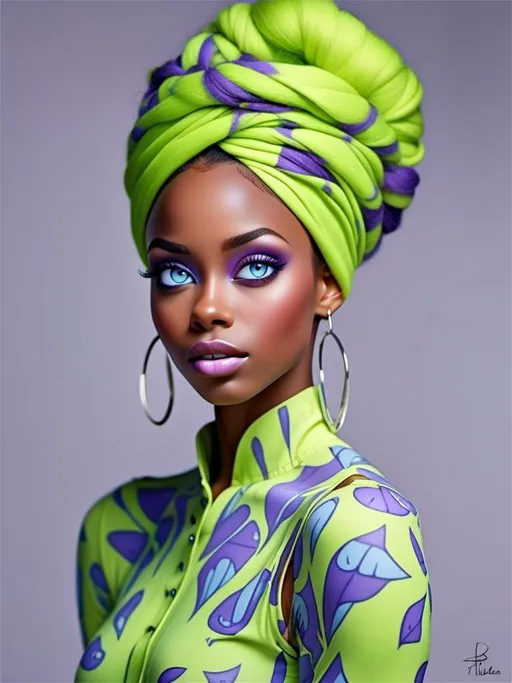 Prompt: A portrait of a beautiful black woman with colors of purple and lime green<mymodel>