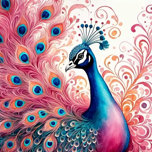 Prompt: <mymodel>Colourful watercolour painting of a dreamy pink peacock, vibrant swirls, high quality, watercolour, dreamy, vibrant, colourful, pink, peacock, swirls, animal art, detailed feathers, artistic, whimsical, dreamlike, professional