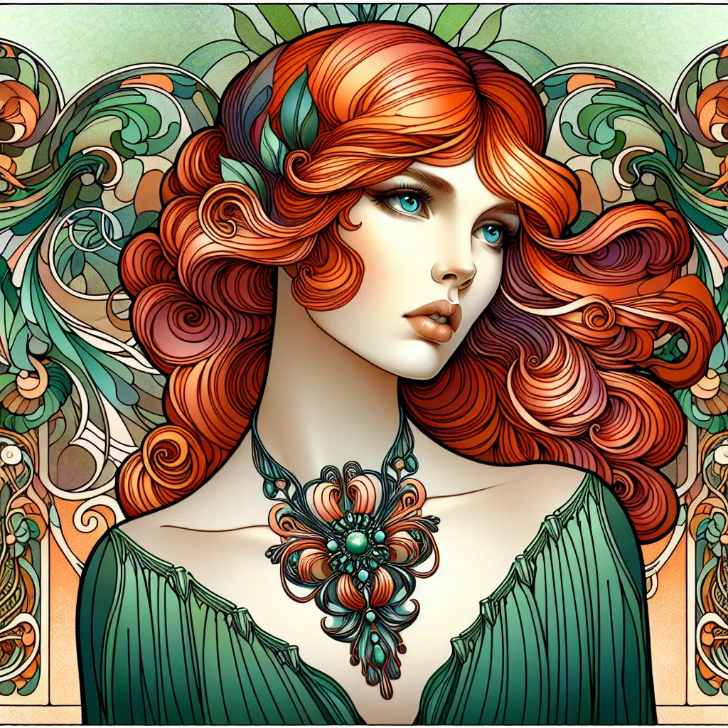 Prompt: a painting of a woman with red hair and blue eyes wearing a green dress and a necklace with a flower, Amanda Sage, art nouveau, art nouveau fashion embroidered, an art deco painting