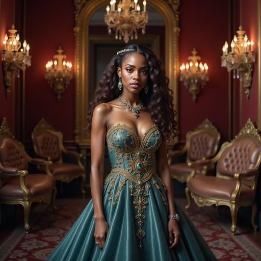 Prompt: A strikingly elegant figure stands in a lavishly decorated room, exuding a regal aura in a stunning gown that features a deep teal fabric accentuated with intricate golden embroidery. Her expression is serene yet commanding, framed by cascading curls that add to her enchanting presence. The opulent setting, with rich red walls and ornate golden furnishings, enhances the dramatic effect, while crystal chandeliers illuminate the scene, casting a warm glow that highlights the gown's shimmering details. The composition draws the eye to her as the focal point, set against the luxurious backdrop that evokes a sense of grandeur and historical elegance. This image captures a narrative of sophistication and timeless beauty, inviting viewers into a world of high fashion and majestic allure.