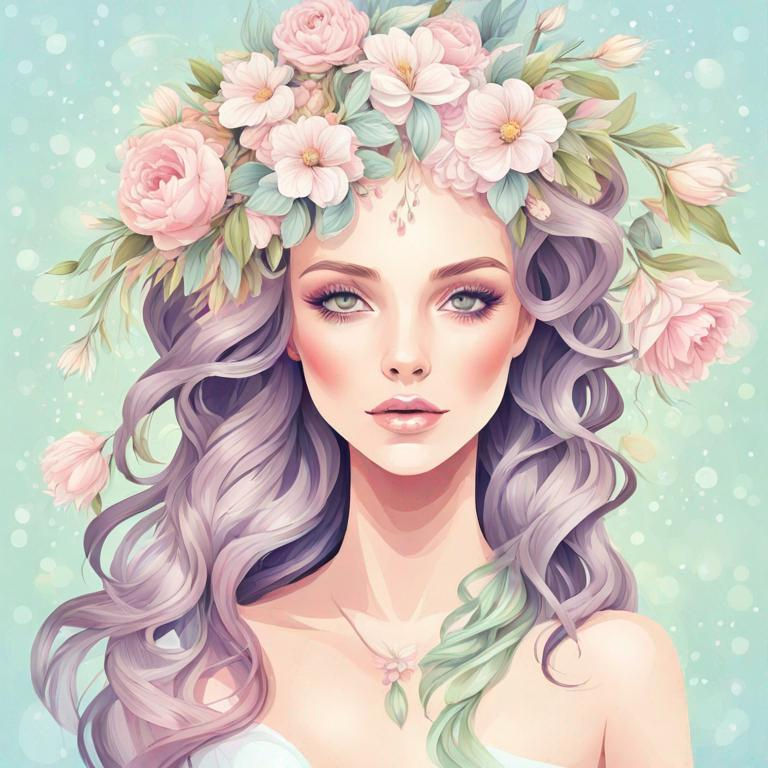 Prompt: Beautiful creation, woman with flowers in her hair, pastel colors