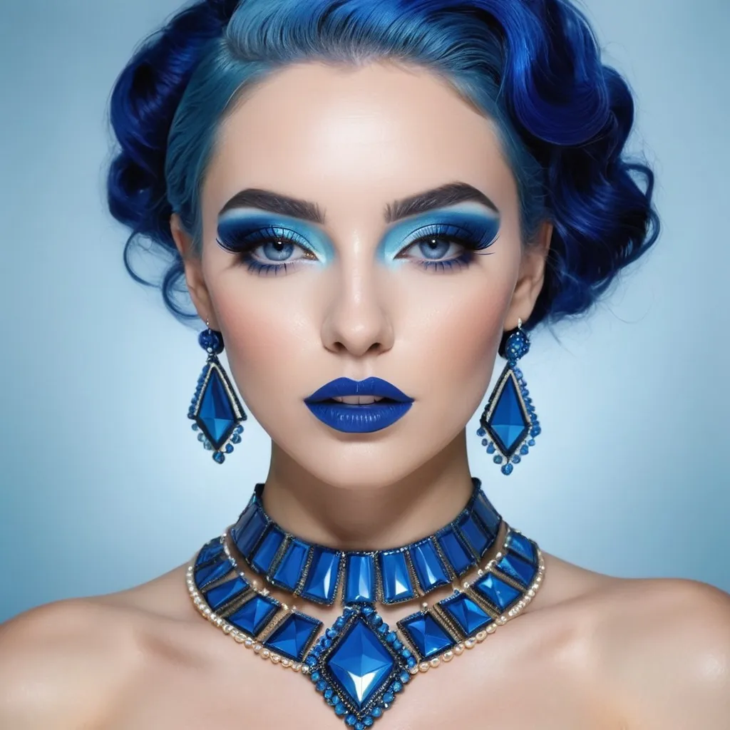 Prompt: a woman with blue hair and blue makeup is wearing blue lipstick and blue hair and blue eyeshadow, Evaline Ness, art deco, blue, a photorealistic painting