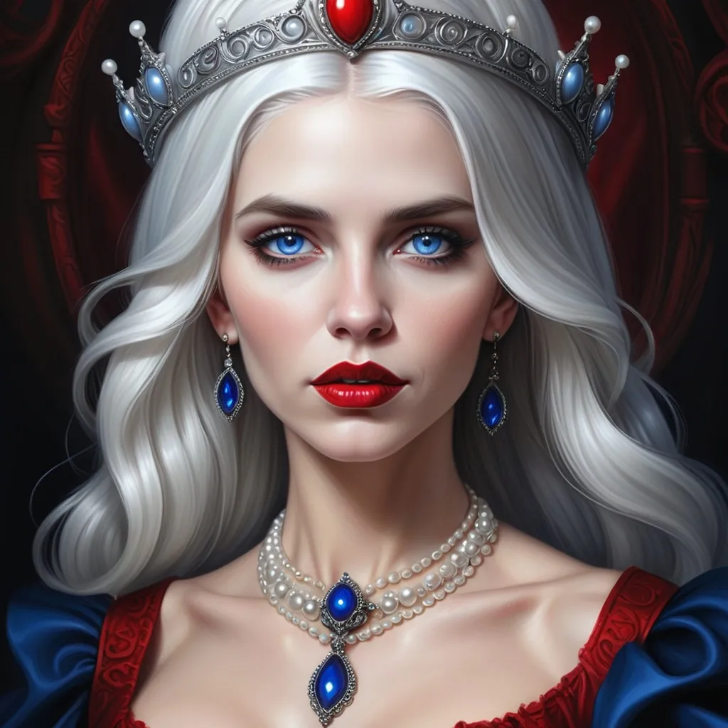 Prompt: a woman with  white hair, blue eyes, red lips, a tiara and pearls on her head and a red lip and a blue dress with a red and white collar, Anne Stokes, gothic art, highly detailed digital painting, a detailed painting