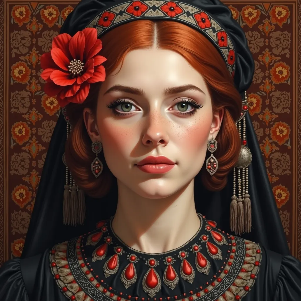 Prompt: a painting of a woman with red hair and a red flower in her hair, wearing a black dress and a red headband, Altoon Sultan, qajar art, highly detailed digital painting, a detailed painting