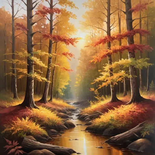 Prompt: Vibrant autumn forest scene, oil painting, colorful foliage, golden sunlight filtering through the trees, ultra-detailed, high quality, realistic, warm tones, peaceful ambiance, serene natural setting, detailed leaves and textures, scenic landscape, atmospheric lighting