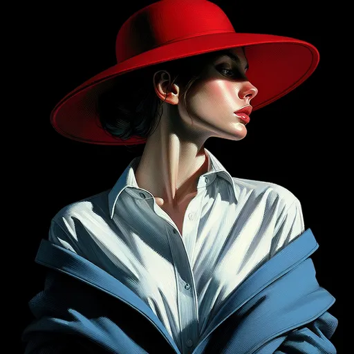 Prompt: a painting of a woman with a red hat on her head and a blue jacket on her shoulders and a white shirt on, Artgerm, figurative art, photorealistic portrait, a photorealistic painting