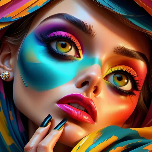 Prompt: digital painting, dramatic colourful makeup, high fashion, intense gaze, realistic portrayal, vibrant colors, detailed features, highres, professional, dramatic, realistic, digital painting, intense gaze, vibrant colors, detailed features, high fashion, glamorous lighting