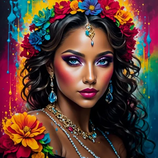 Prompt: <mymodel>Flower Siren graffiti art, splash art, street art, spray paint, oil gouache melting, acrylic, high contrast, colorful polychromatic, ultra detailed, ultra quality, CGSociety