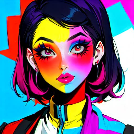 Prompt: A woman all in primary colors, pretty makeup