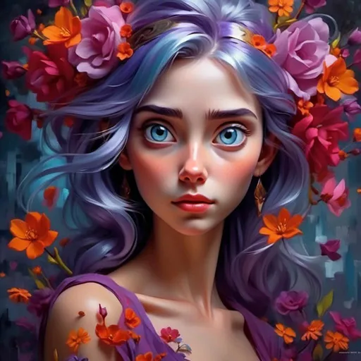 Prompt: <mymodel>Beautiful woman with flowers, oil painting, detailed fiery eyes, ethereal glow, dark and mysterious, high quality, vibrant colors, surreal, haunting, intricate floral details, intense gaze, mystical atmosphere, oil painting, demon, hybrid, fiery eyes, ethereal, vibrant colors, surreal, haunting, floral details, intense gaze, mystical atmosphere