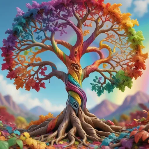 Prompt: colorful gnarled tree of life, spiral colors in the background, rainbow leaves, hyper-detailed, photorealistic 8k max